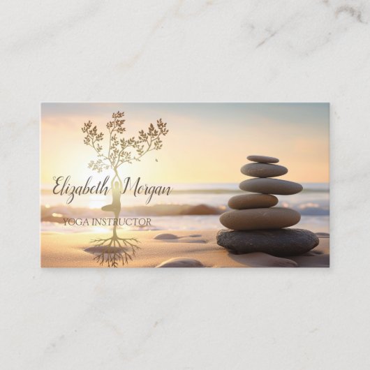 Zen stenen, zonsopgang, gouden boom silhouet visitekaartje (Voorkant)