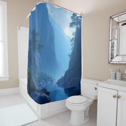 Zen stilte in blauw landschap douchegordijn (In situ)