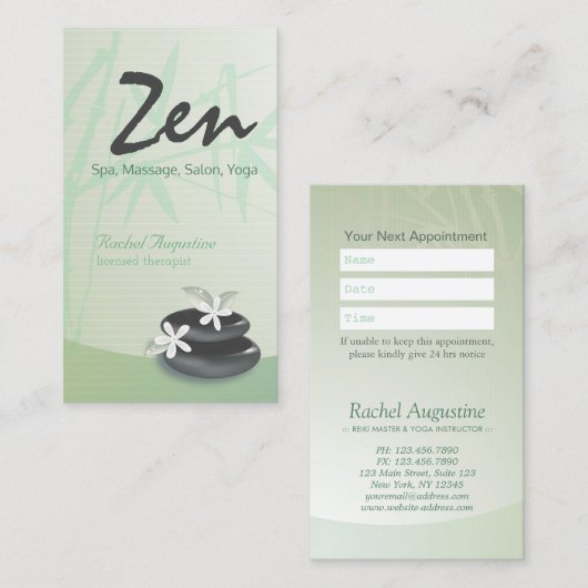 ZEN Stone Bamboo SPA Massage Therapist Appointment Afsprakenkaartje (Voorkant / Achterkant)