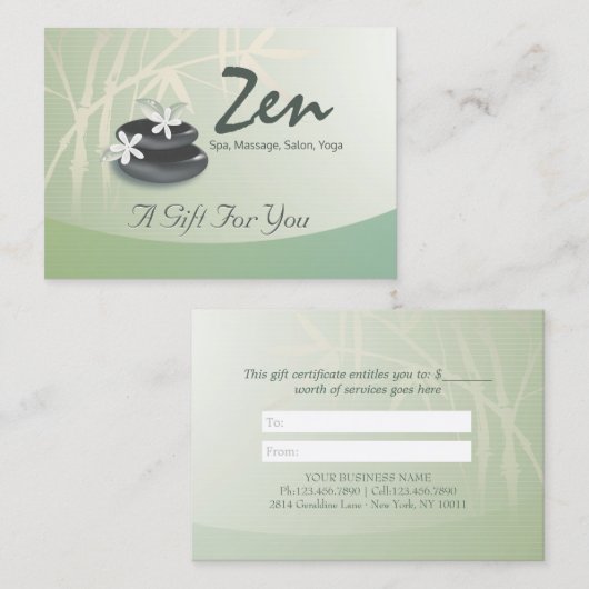 ZEN Stone Bamboo YOGA SPA Massage Gift Certificate Kortingskaartje (Voorkant / Achterkant)