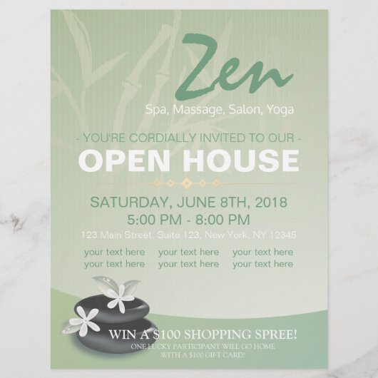 ZEN Stone Bamboo YOGA SPA Massage Salon Open House Flyer (Voorkant)