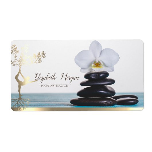 Zen Stone Witte Orchidee Gouden Boom Vrouwen Silho Etiket (Voorkant)