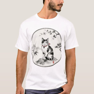 Zen Sumi-e Stijl Inktwassing Kat Kunst T-shirt