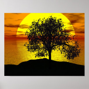 Zen Tree Sunset Oranje Yellow Ocean Love Peaceful Poster