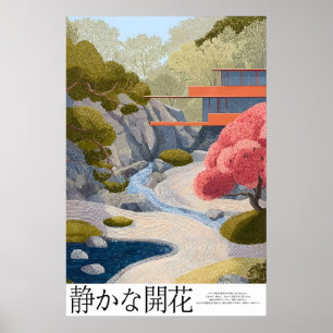 Zen tuin landschap poster roze boom, geharkt zand
