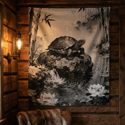 Zen Turtle Tapestry | Lotus Pond Ink Art  Wandkleed