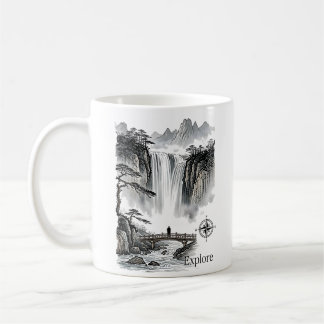 Zen Waterfall Mountain Ink Art Explore Compass Koffiemok