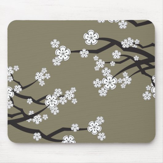 Zen White Sakura Cherry Blossom Flowers on Grey Muismat (Voorkant)