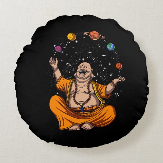 Zen Yoga Buddha Juggling Space Planets Meditation Rond Kussen (Voorkant)