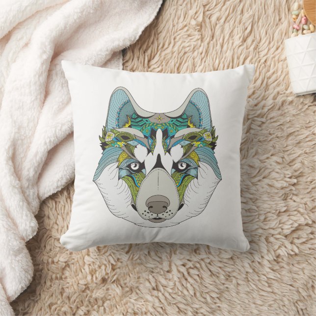 Zenart patroon Husky hond Blauw Husky gezicht Kussen (Deken)