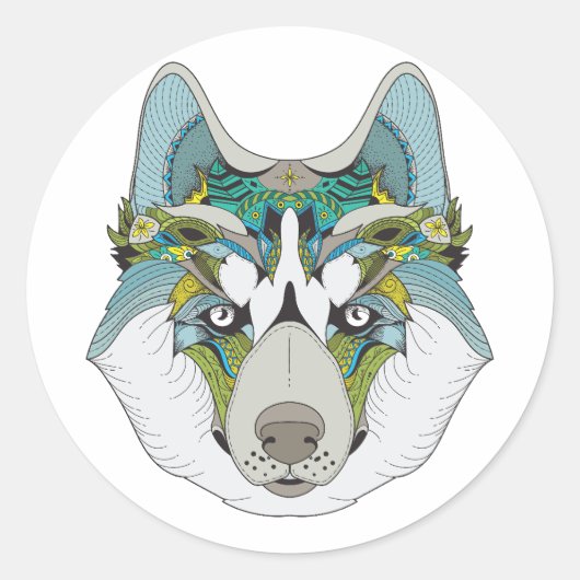 Zenart patroon Husky hond Blauw Husky gezicht Ronde Sticker (Voorkant)