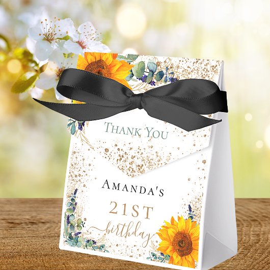 Zendendaagse zonnebloemen Eucalyptus glitter dank  Bedankdoosjes