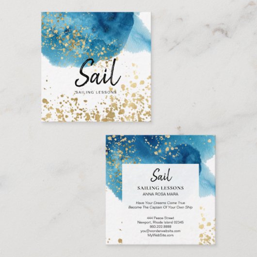 *~* Zendende Blauwe Waterverf Gold Glitter Vierkante Visitekaartje (Voorkant / Achterkant)