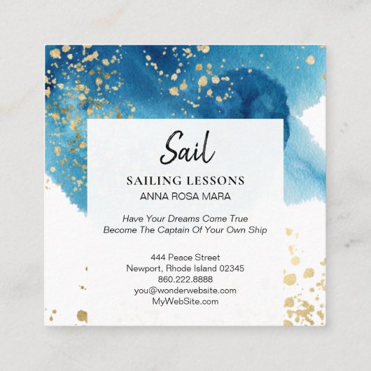 *~* Zendende Blauwe Waterverf Gold Glitter Vierkante Visitekaartje (Achterkant)