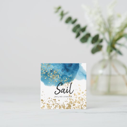 *~* Zendende Blauwe Waterverf Gold Glitter Vierkante Visitekaartje (Staand voorkant)