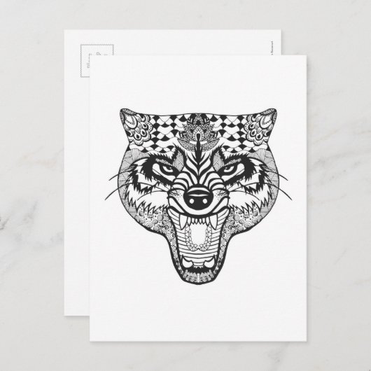 Zentangle Geïnspireerde Wolf Briefkaart (Voorkant / Achterkant)