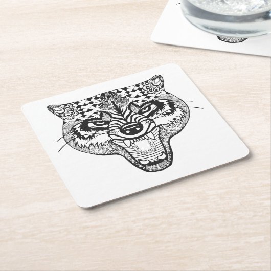 Zentangle Geïnspireerde Wolf Kartonnen Onderzetters (Schuin)