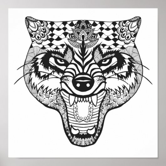 Zentangle Geïnspireerde Wolf Poster (Voorkant)