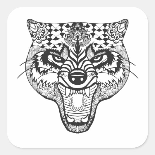 Zentangle Geïnspireerde Wolf Vierkante Sticker (Voorkant)