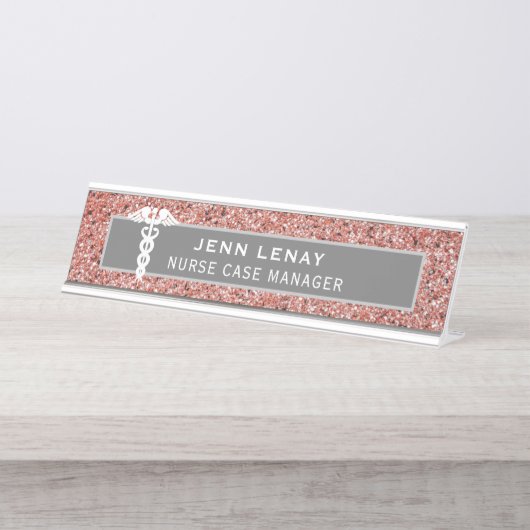 Zenuwmedisch kaduceus Roze Rose Gold Glitter Bureau Naambordje (Voorkant)