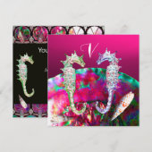 ZEPAARDJES STRAND HUWELIJK MONOGRAM, Roze zwart Kaart (Voorkant / Achterkant)