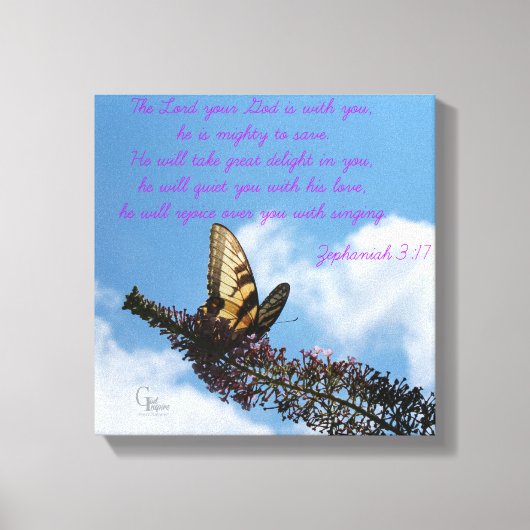 Zephaniah 3:17 Gele vlinder Canvas Afdruk (Voorkant)