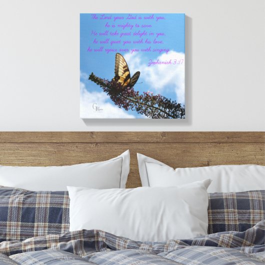 Zephaniah 3:17 Gele vlinder Canvas Afdruk (Insitu (Slaapkamer))