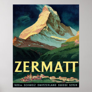 Zermatt, bergtop, Zwitserland, vintage, reizen Poster
