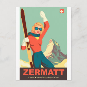 Zermatt Ski Girl, Zwitserland Briefkaart