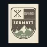 Zermatt Swiss Alps Valais Zwitserland Briefkaart<br><div class="desc">Zermatt Ski Badge Design met hoogte- en plaatsgegevens.</div>
