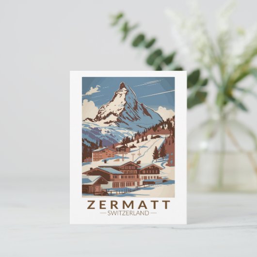 Zermatt Zwitserland Illustratie Reizen Art Retro Briefkaart (Staand voorkant)