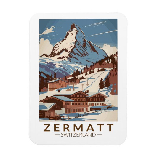 Zermatt Zwitserland Illustratie Reizen Art Retro Magneet (Verticaal)