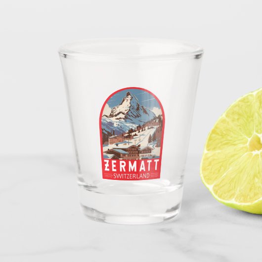 Zermatt Zwitserland Illustratie Reizen Art Retro Shot Glas (Voorkant)