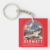 Zermatt Zwitserland Illustratie Reizen Art Retro Sleutelhanger (Voorkant)
