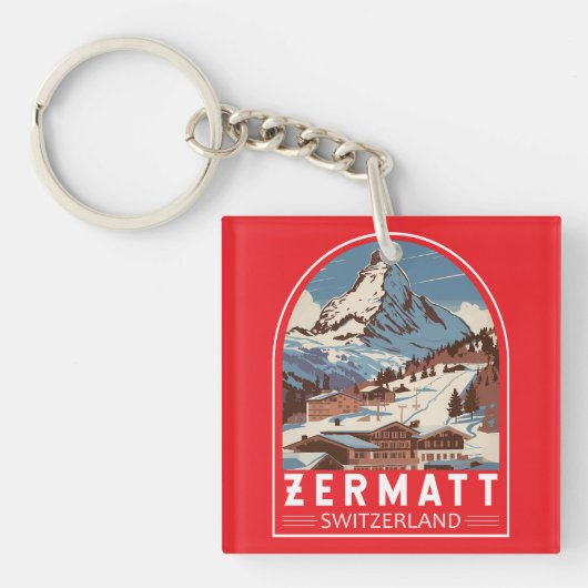 Zermatt Zwitserland Illustratie Reizen Art Retro Sleutelhanger (Voorkant)