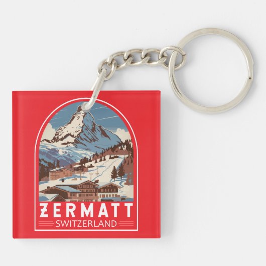 Zermatt Zwitserland Illustratie Reizen Art Retro Sleutelhanger (Achterkant)