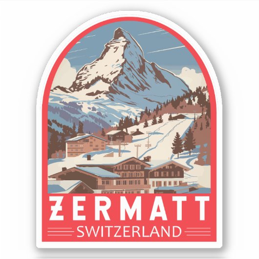 Zermatt Zwitserland Illustratie Reizen Art Retro Sticker (Voorkant)