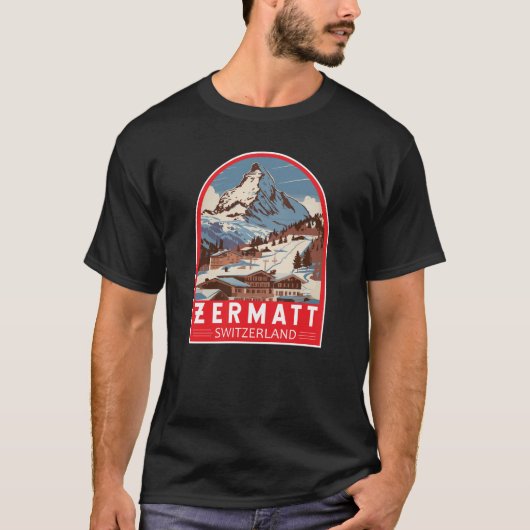 Zermatt Zwitserland Illustratie Reizen Art Retro T-shirt (Voorkant)