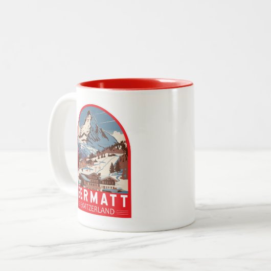 Zermatt Zwitserland Illustratie Reizen Art Retro Tweekleurige Koffiemok (Voorkant links)