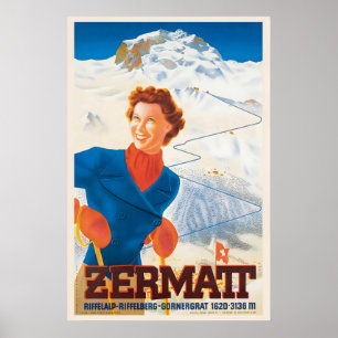 Zermatt Zwitserse Alpen Zwitserland Vintage Ski Po Poster