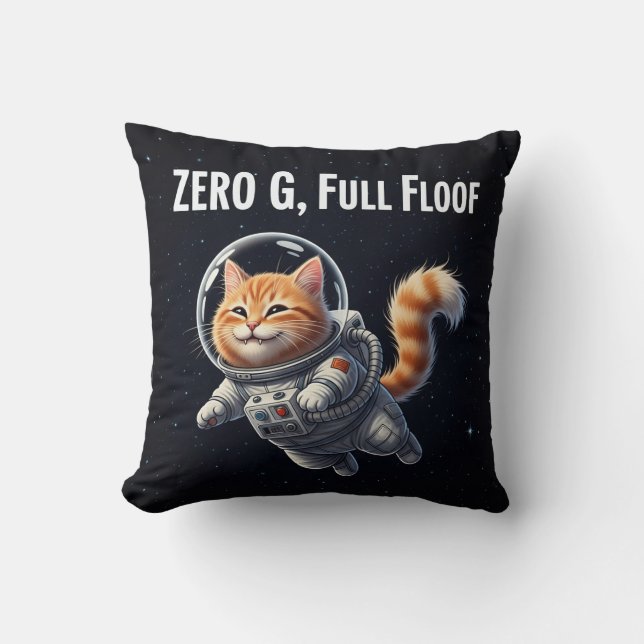 Zero G, Volle Vacht! Schattige Ruimtekat Kussen (Voorkant)
