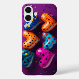 Zes 3D harten op paarse achtergrond iPhone 16 Plus Hoesje