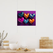 Zes 3D harten op paarse achtergrond Poster (Keuken)