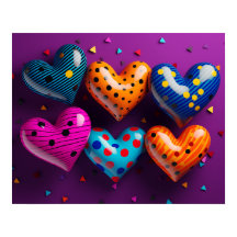 Zes 3D harten op paarse achtergrond