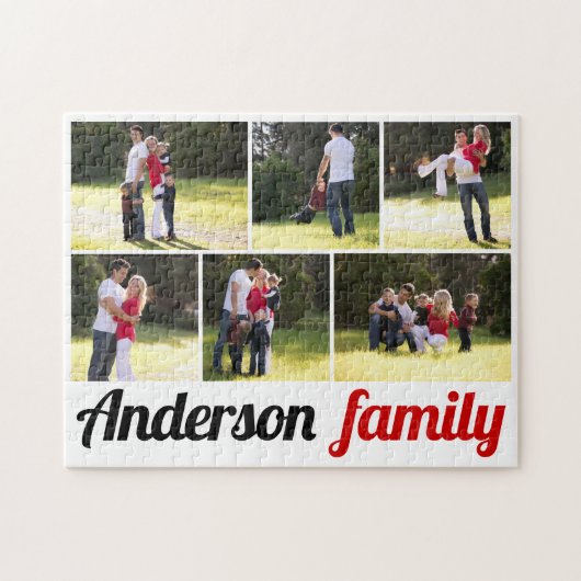 Zes familiefoto's en familienaam fotocollage legpuzzel (Horizontaal)