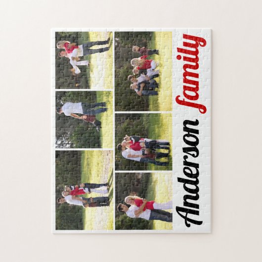 Zes familiefoto's en familienaam fotocollage legpuzzel (Verticaal)