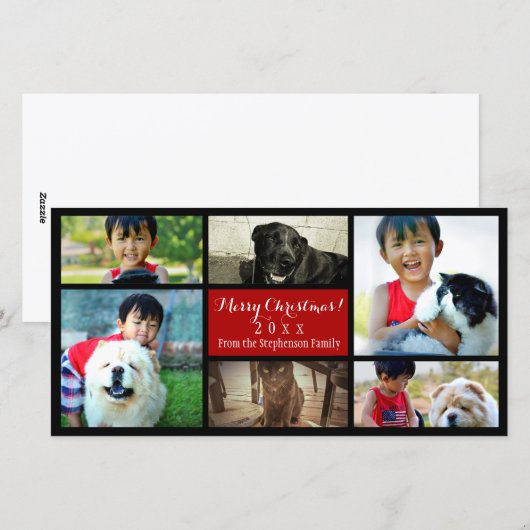 Zes familiefoto's Prettig kerstfeest fotocollage Feestdagenkaart (Voorkant / Achterkant)