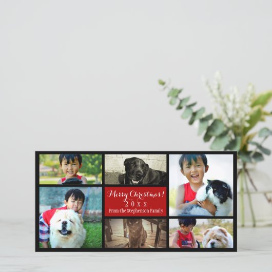 Zes familiefoto's Prettig kerstfeest fotocollage Feestdagenkaart (Staand voorkant)