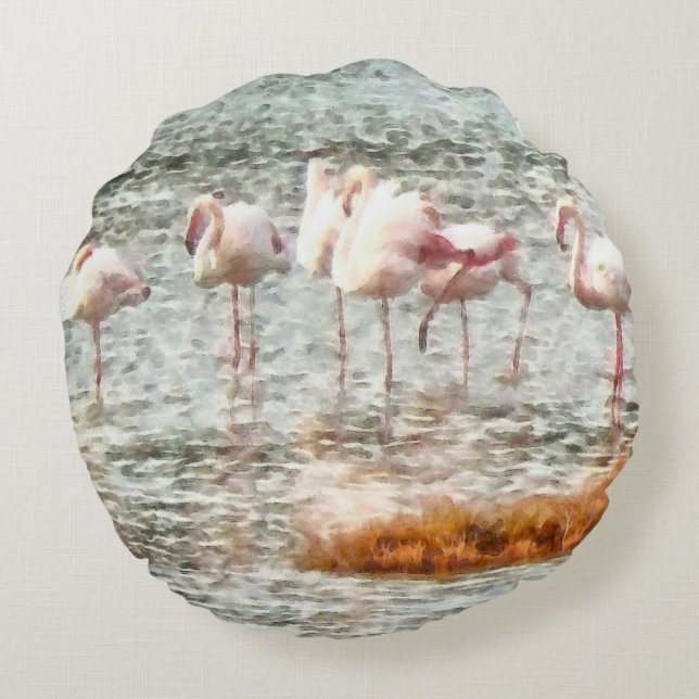 Zes Flamingos A Wading Waterverf Rond Kussen (Achterkant)