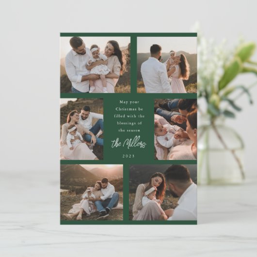Zes foto Modern Script Flat Holiday Kaart Groen (Staand voorkant)